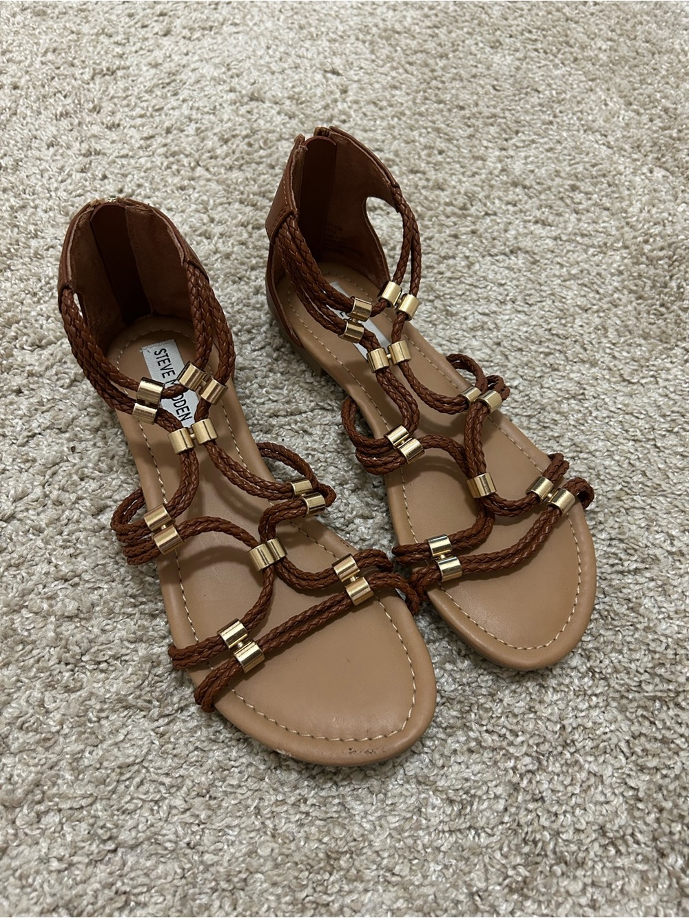 Steve Madden Brown Solley Braided Gladiator Sandals with Gold Accents
